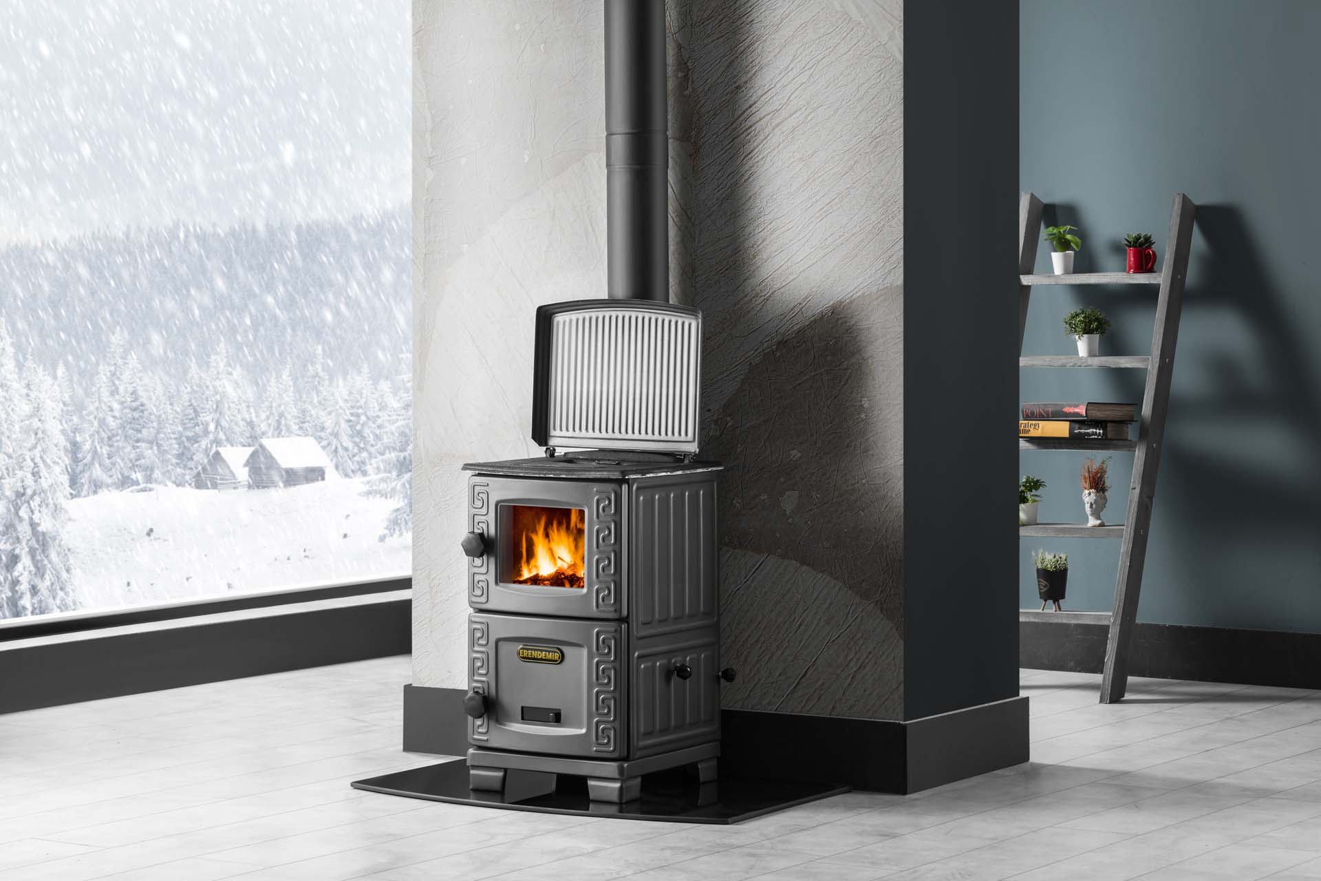 BROWN FIREPLACE STOVE WITH CAST IRON LEG