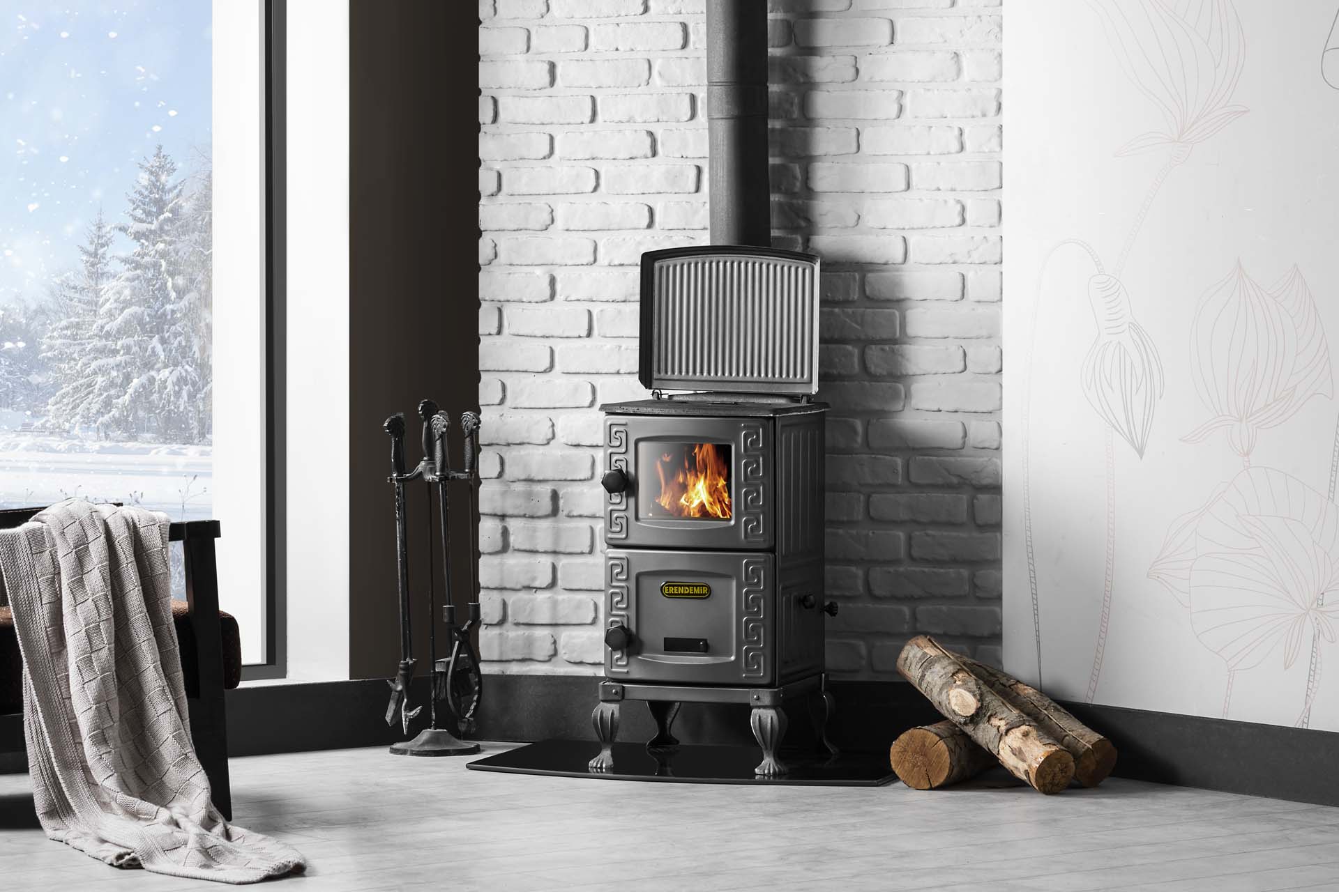 BROWN FIREPLACE STOVE WITH CAST IRON LEGS